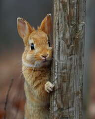 Cute Furry Squirrel Peeking Curiously from Behind a Tree Trunk in a Woodland Environment