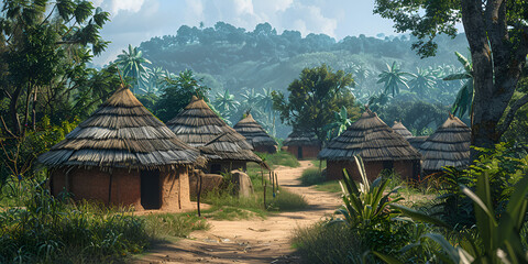 hut in the forest, Traditional African Village Nestled Among Hills, GENERATIVE AI
