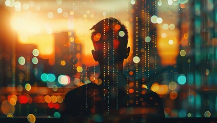 Hyper-Realistic Double Exposure Portrait of AI and Data with Digital Circuit Patterns, Futuristic Tech Elements, and Dynamic Glowing Lights in Orange, Indigo, and Gunmetal Colors