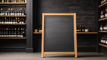  A black chalkboard or a sign in a wooden frame for the text of the menu and prices, standing on the floor of a wine store, a hypermarket, a convenient layout
