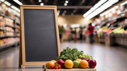 A black chalkboard or a sign in a wooden frame for the menu text, standing on the floor of a store, a hypermarket, a convenient layout
