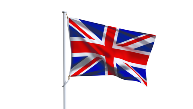 Waving flag of UK isolated on transparent background.