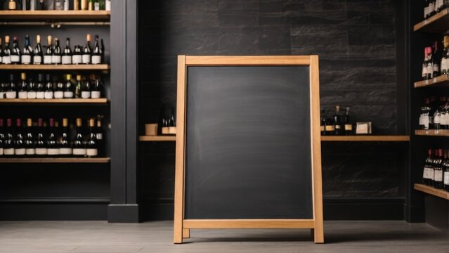  A black chalkboard or a sign in a wooden frame for the text of the menu and prices, standing on the floor of a wine store, a hypermarket, a convenient layout
