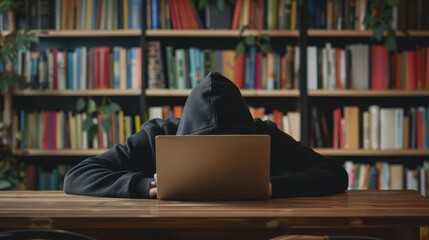 The hooded person at laptop