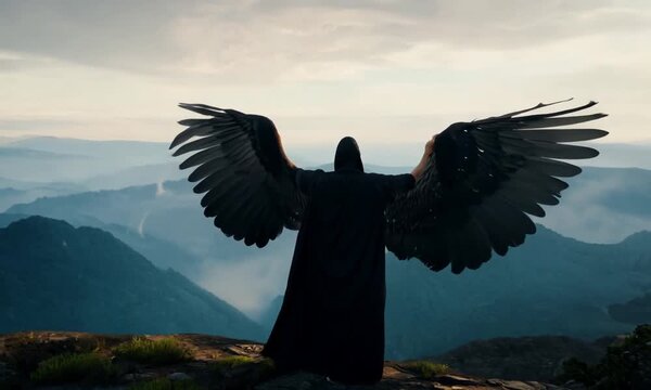 On a mountaintop, a hooded necromancer stretches out his hands as his black arms transform into wings.