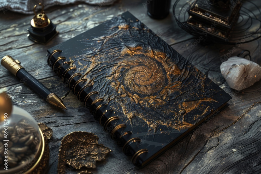 Poster a close-up shot of a black and gold book with a pen lying on top, ideal for use in editorial or crea
