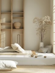 Serene Japanese-Inspired Bedroom: Minimalist White Interior with Tatami Bed and Zen Aesthetics. Modern Simplicity in 4K Wallpaper Showcasing Clean Lines, Natural Textures, and Tranquil Atmosphere for 