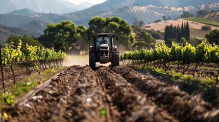 Fototapeta premium Vineyard Tractor Tilling Soil Amongst Rows of Lush Grape Vines on a Scenic Hill