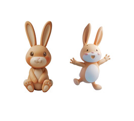 Group of happy rabbit characters sitting and bouncing in a charming 3D illustration, Isolated on Transparent Background, PNG