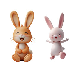 Set of happy bunny characters sitting and jumping in a cute 3D render, Isolated on Transparent Background, PNG