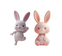 Obraz premium Assortment of 3D-rendered bunnies in joyful poses: sitting and jumping, Isolated on Transparent Background, PNG