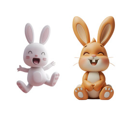 Collection of cute 3D-rendered bunnies sitting and leaping happily, Isolated on Transparent Background, PNG