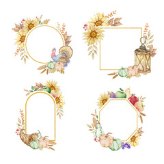 Watercolor autumn gold frames set with pumpkin, sunflowers, cornucopia, fruits, fall leaves