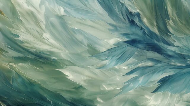 Soft feathery strokes in shades of blue and green creating an abstract and serene pattern reminiscent of the ocean or a birds wings in flight.