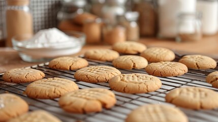 Golden Brown Homemade Cookies Cooling on a Rack in Cozy Home Kitchen Setting