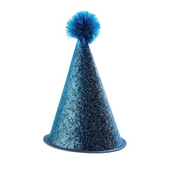 blue glitter party hat with a pompon on top