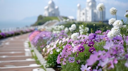 Obraz premium Vibrant and Colorful Garden of Flowers Formed into Famous World Landmarks on Rolling Hills