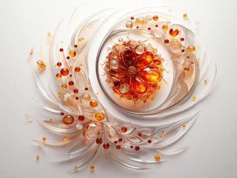 Great decorative autumn art, flower with amber petals, honey grains and white spiral borders create a unique elegant, simple, sophisticated pattern design. Picture seen from the front white background