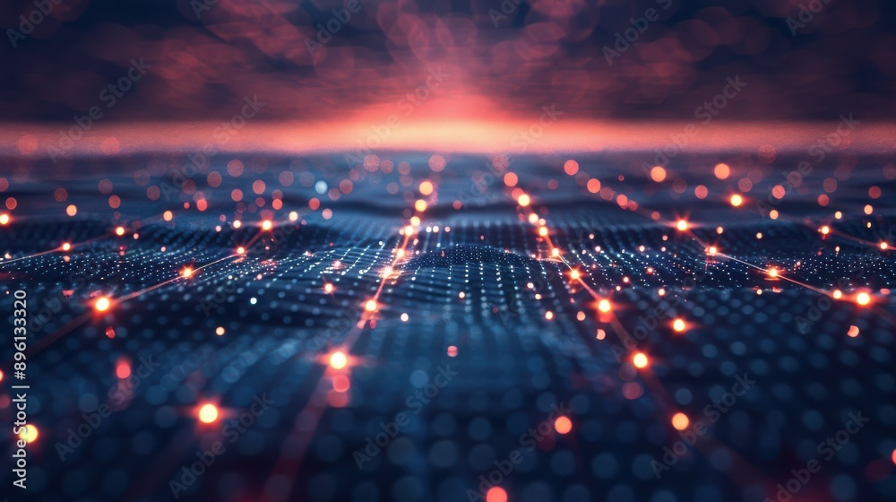 Poster Pulsating grid of light nodes in a vast expanse, 3D background, grid abstract 