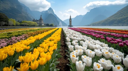 Vibrant Floral Garden Shaped as World Famous Landmarks on Lush Rolling Hills