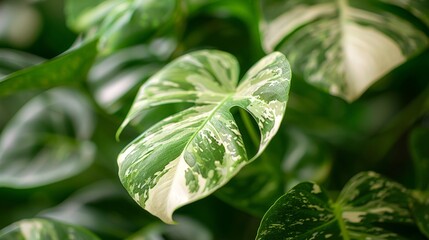 Macro shot of a rare Monstera with its striking white variegation