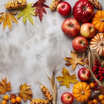 Autumn fall thanksgiving day composition with decorative pumpkins, corn, red apples, autumn leaves, place for text, beage background, top view