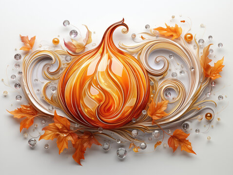 Exquisite autumnal tones pattern, jewelry, invitations, stationery, cake decoration, dessert, pumpkin and glazed candy leaves, cream and vanilla pearl ornament trims, wedding, events, cards, poster 