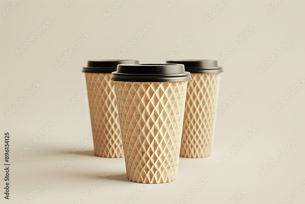 Aufkleber a row of three coffee cups on a table, ready for use or serving