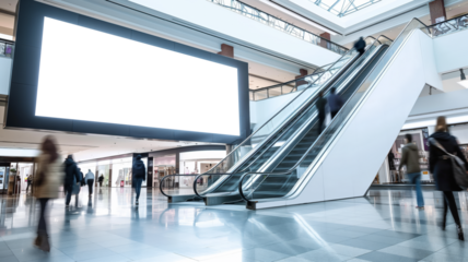 Modern shopping mall interior with escalators and large blank digital billboard, shoppers in motion