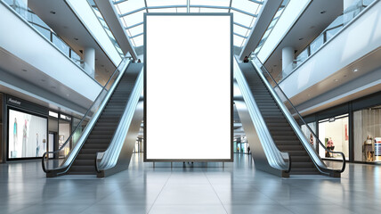Large blank billboard between escalators in modern shopping mall, surrounded by retail stores and skylights