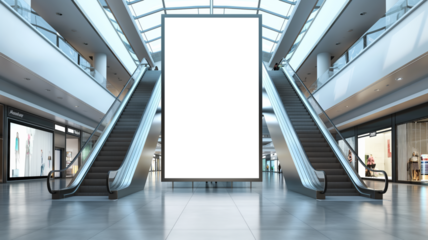 Large blank billboard between escalators in modern shopping mall, surrounded by retail stores and skylights