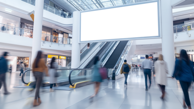 An empty white billboard inside a busy shopping mall, prominently placed above escalators, with people walking around - Powered by Adobe