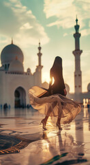 A woman in a flowing dress walks gracefully near a grand mosque at sunset