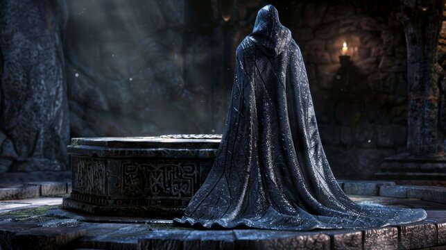 The Mysterious Cloaked Figure in the Ancient Crypt - Powered by Adobe