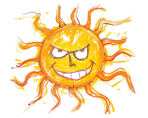 Crayon drawing of a mischievous sun with a sinister grin and playful sunrays on a white background