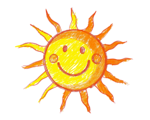 Cheerful hand-drawn sun with smiley face and wavy rays