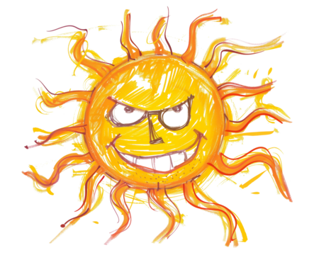 Crayon drawing of a mischievous sun with a sinister grin and playful sunrays on a white background