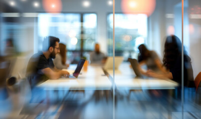Blurred view of diverse team meeting in modern office through glass partition