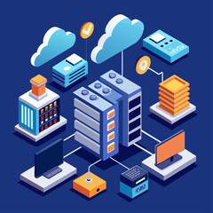 Fototapeta premium isometric cloud computing technology depicting a modern data transmission service complete with server racks