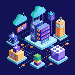 Isometric Data Transmission Cloud Service Showcasing a Futuristic Approach to Cloud Storage with Detailed Server and Network Elements, Ideal for Illustrating Advanced Technology and Modern IT Soluti