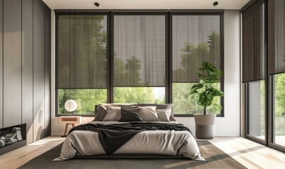 Sleek Modern Bedroom with Smart Electric Curtains: Minimalist Interior Design Showcasing Contemporary Aesthetics. Elegant 4K Wallpaper Featuring Clean Lines, Neutral Tones, and Cutting-Edge Home Autom