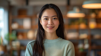 Smiling Young Woman with Long Black Hair in Cozy Home Setting