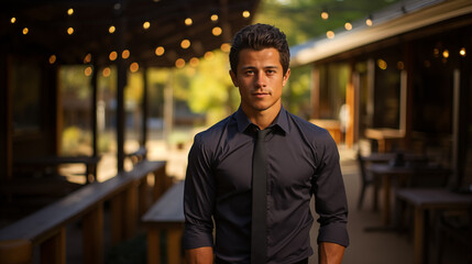 Fototapeta premium Young man, wearing a business shirt, standing on a terrace