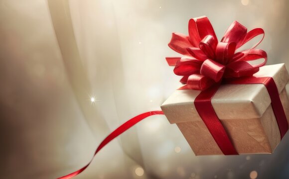 festive background, gift box with red bow