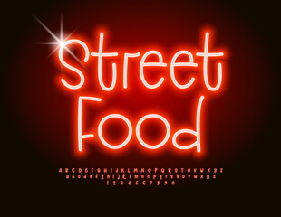 Vector glowing advertisement Street Food. Bright Red Font. Funny Neon Alphabet Letters and Numbers set.