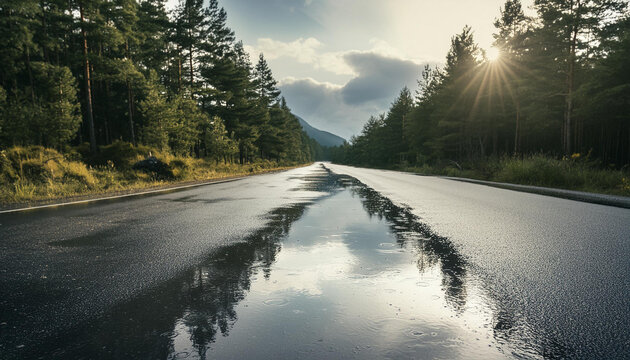 Tranquil road in lush forest, sunrise and reflections after rain. Puddle on ground. Nature landscape