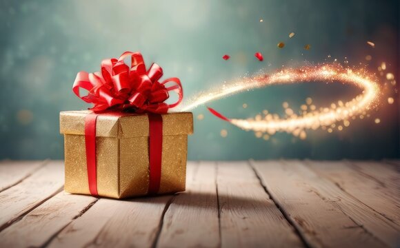 festive background, gift box with red bow