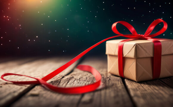 festive background, gift box with red bow