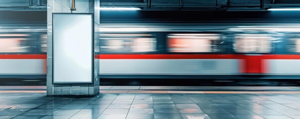 A dynamic subway scene featuring an abstract motion blur of a train passing by a station platform with an empty advertising space.
