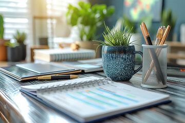 Open agenda lying on desk with pens and plant showing home office concept
